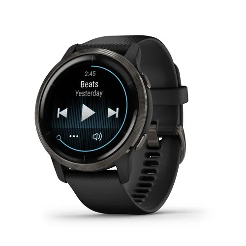 Garmin Venu® 2 Ghiera in acciaio inox color ardesia, con cassa nera e cinturino in pelle