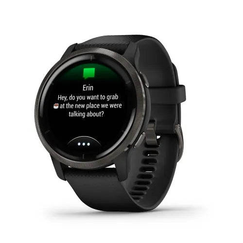 Garmin Venu® 2 Ghiera in acciaio inox color ardesia, con cassa nera e cinturino in pelle