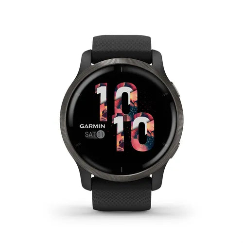 Garmin Venu® 2 Ghiera in acciaio inox color ardesia, con cassa nera e cinturino in pelle