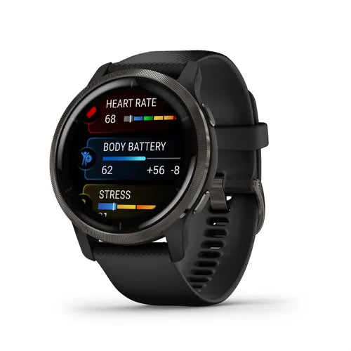 Garmin Venu® 2 Ghiera in acciaio inox color ardesia, con cassa nera e cinturino in pelle