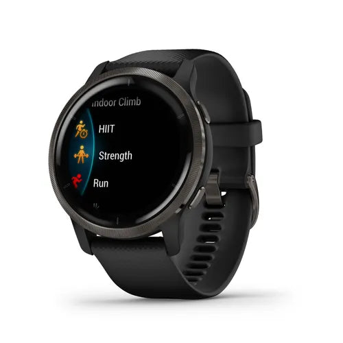 Garmin Venu® 2 Ghiera in acciaio inox color ardesia, con cassa nera e cinturino in pelle
