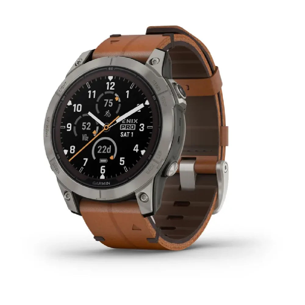 Fēnix® 7 Pro – Sapphire Solar Edition Titanium con cinturino in pelle Chestnut-010-02777-30